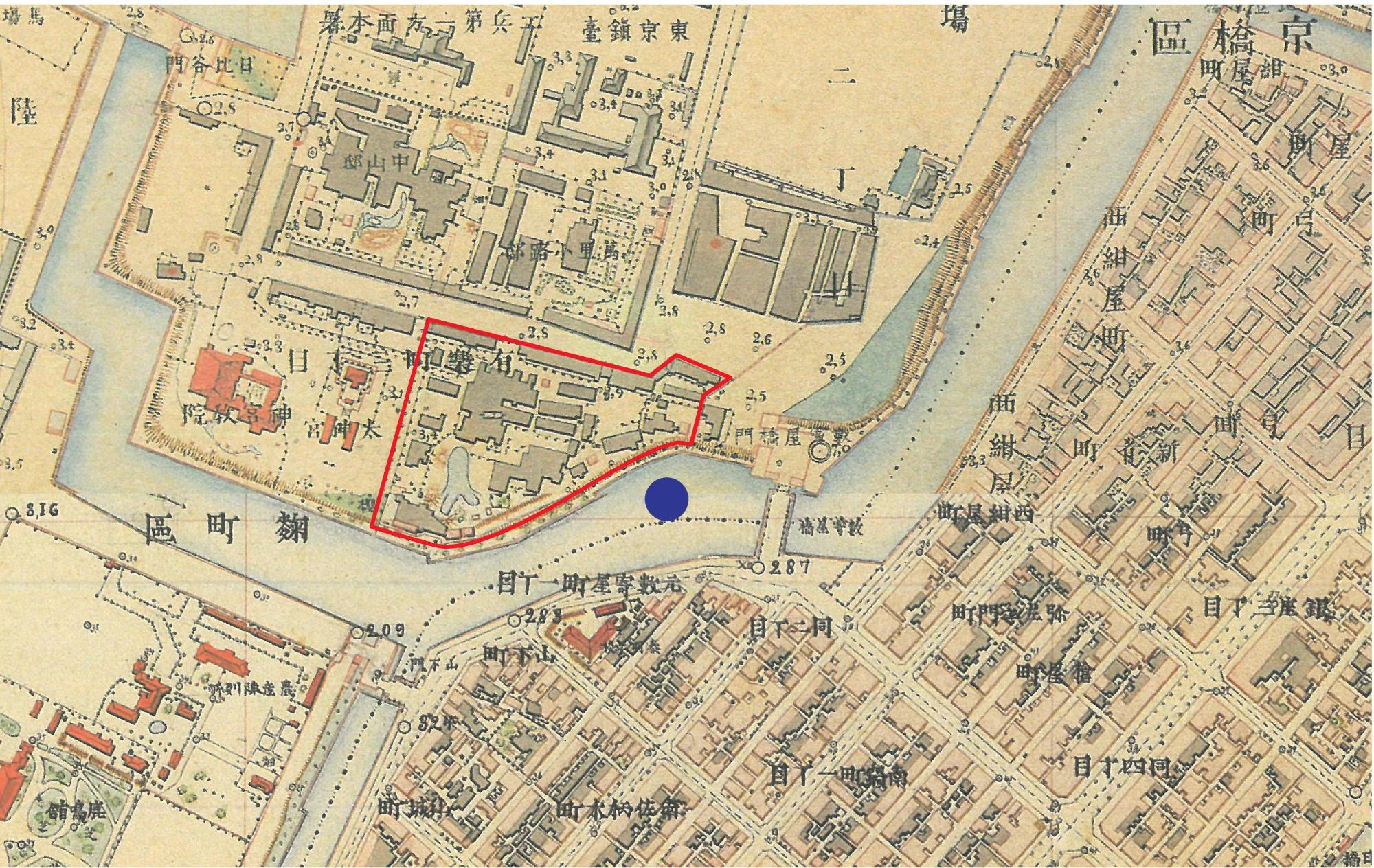 上屋敷地の説明板設置位置を示した地図