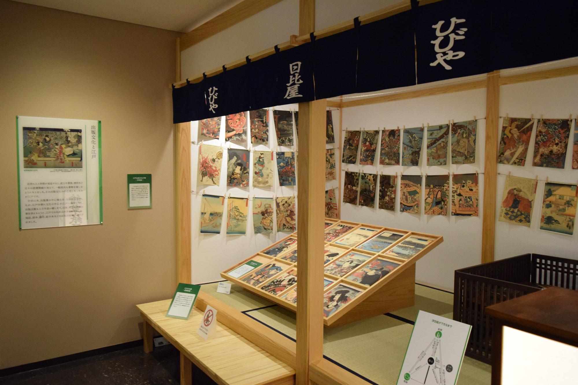 ひびやの暖簾がある和室の壁と畳の上にたくさんの資料が展示されている展示室の写真
