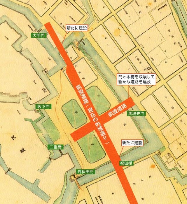 凱旋道路（現在の内堀通り）を記したイラスト地図