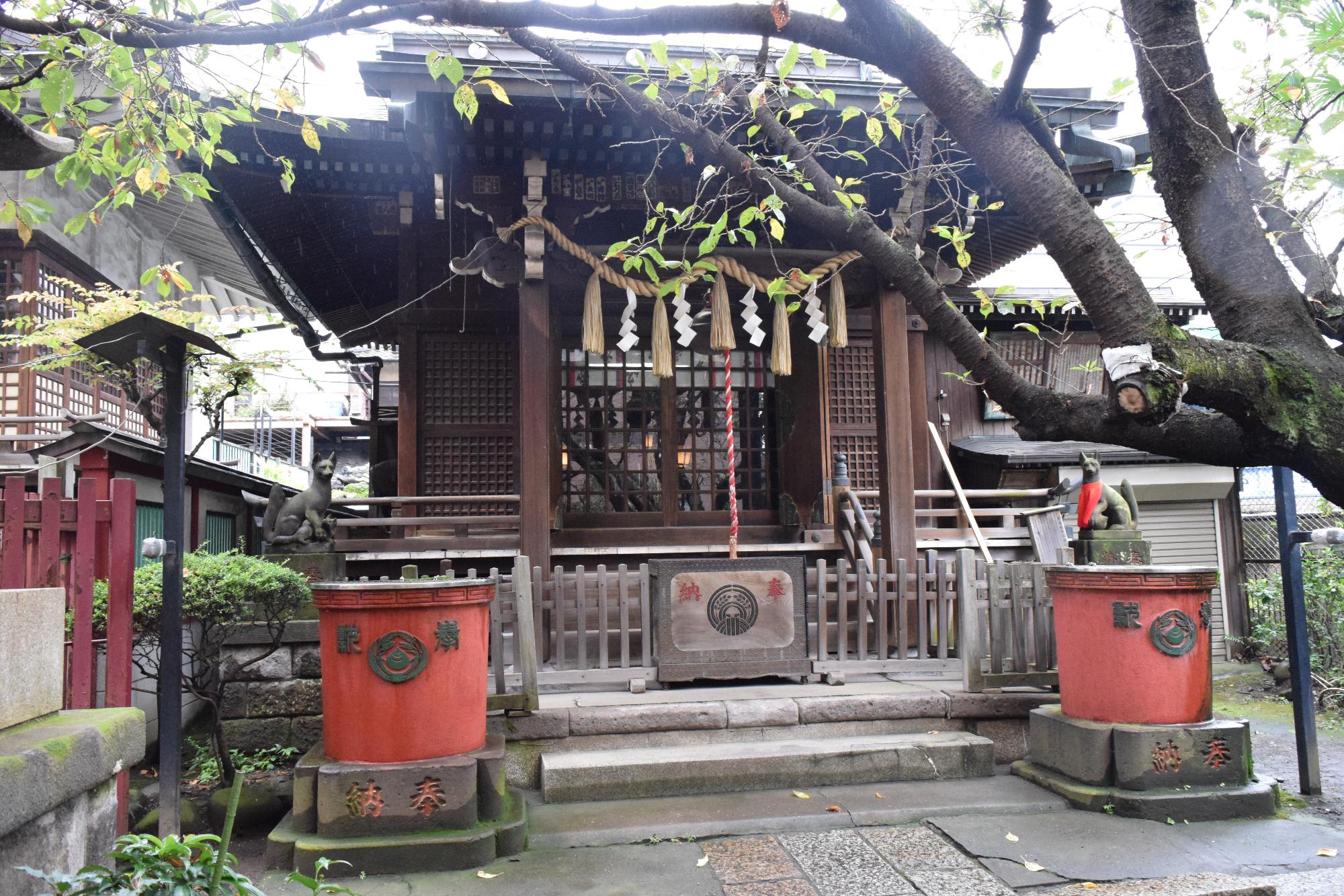 赤い奉納が両脇にある柳森神社拝殿所を正面から写した写真