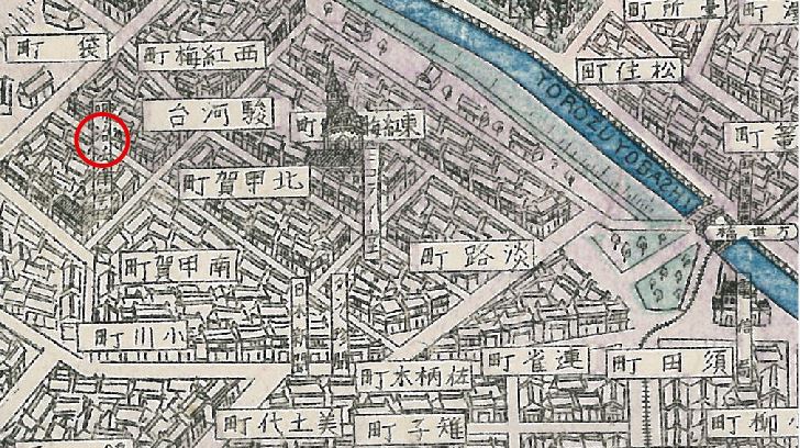 甲賀坂の標柱の設置位置を示した地図