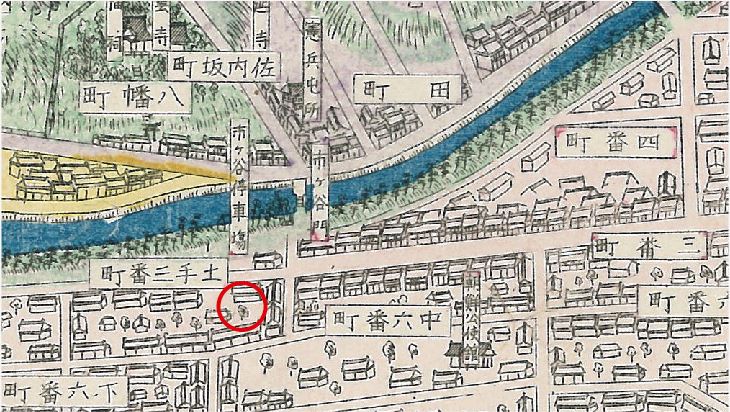 新坂（五番町）の標柱の設置位置を示した地図